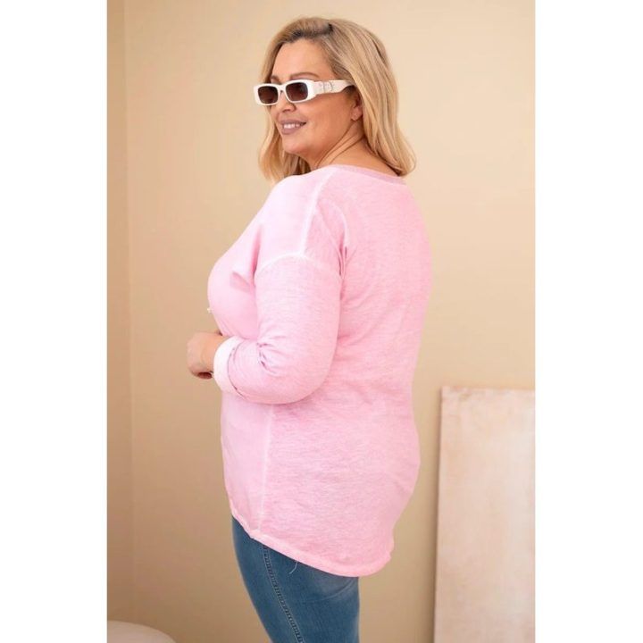 Moteriška Plus Size palaidinė su dekoruotu užrašu, šviesiai rožinės spalvos
