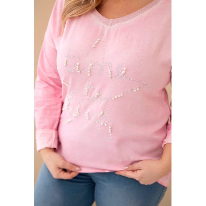 Moteriška Plus Size palaidinė su dekoruotu užrašu, šviesiai rožinės spalvos