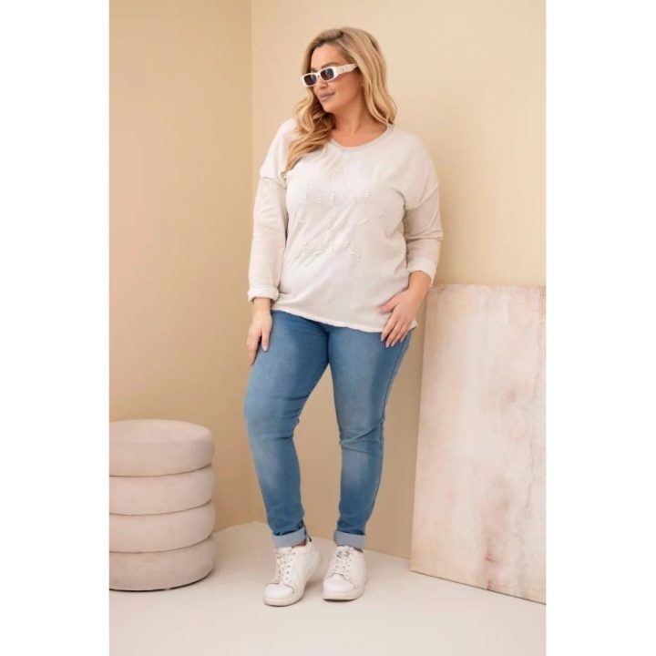 Moteriška Plus Size palaidinė su „Time to Shine“ raštu, smėlio spalvos