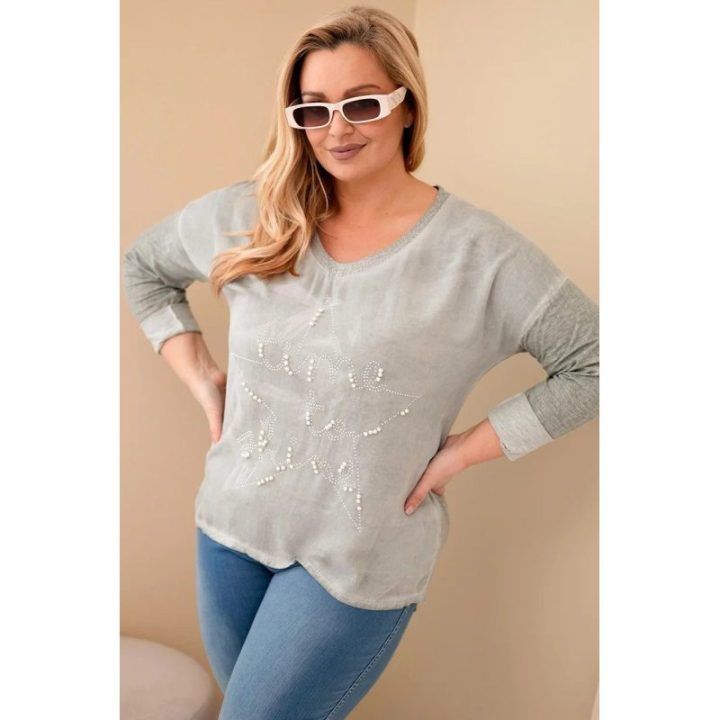 Moteriška Plus Size chaki palaidinė su užrašu ir perliukais