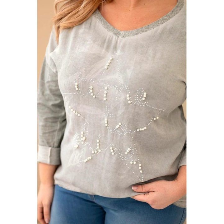 Moteriška Plus Size chaki palaidinė su užrašu ir perliukais
