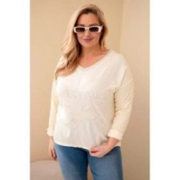Moteriška Plus Size palaidinė su dekoratyviniu užrašu ir perlais, geltonos spalvos
