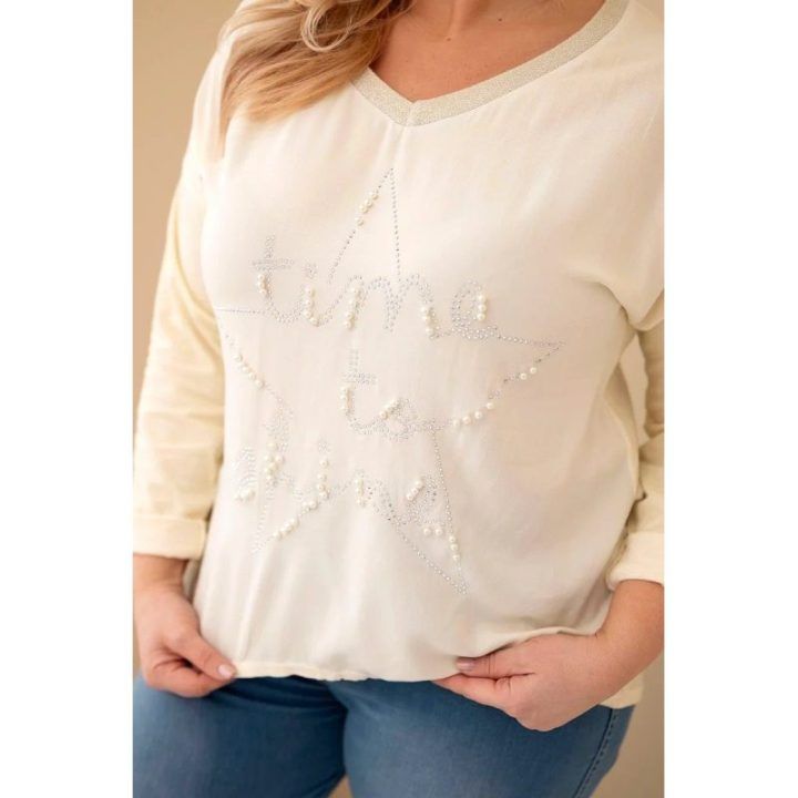 Moteriška Plus Size palaidinė su dekoratyviniu užrašu ir perlais, geltonos spalvos