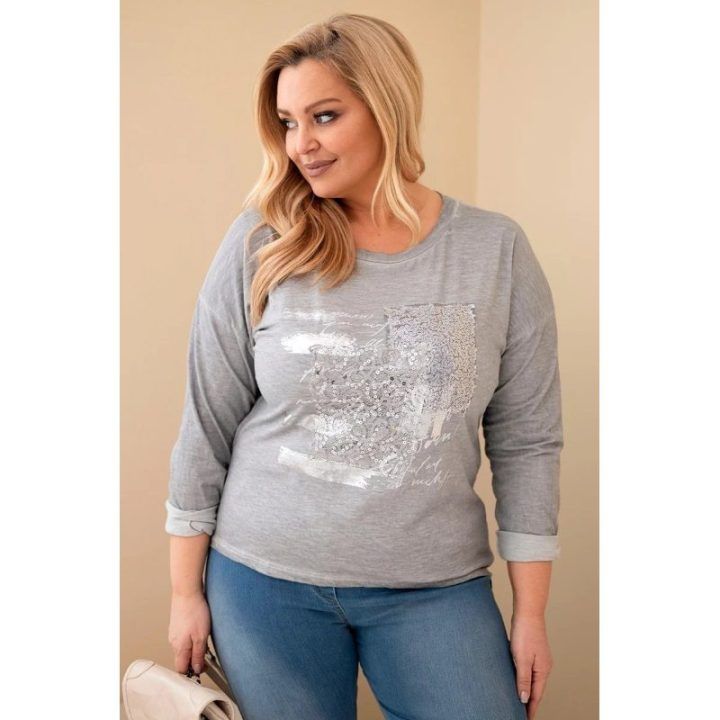 Moteriška Plus Size pilka palaidinė su spaudiniu ir ilgesne nugara