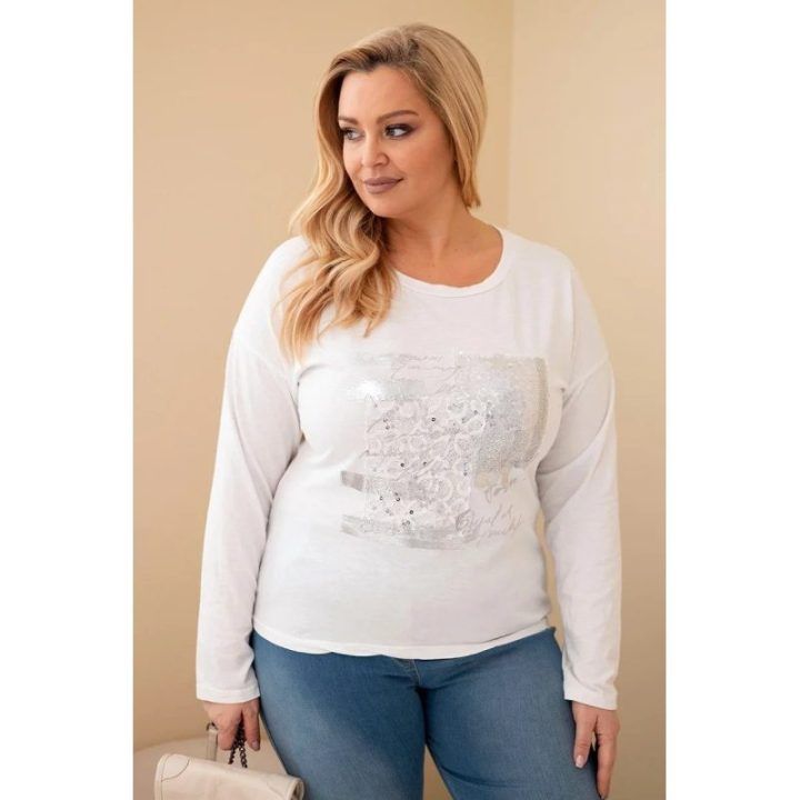 Moteriška Plus Size palaidinė su spaudiniu ir ilgesne nugara, balta