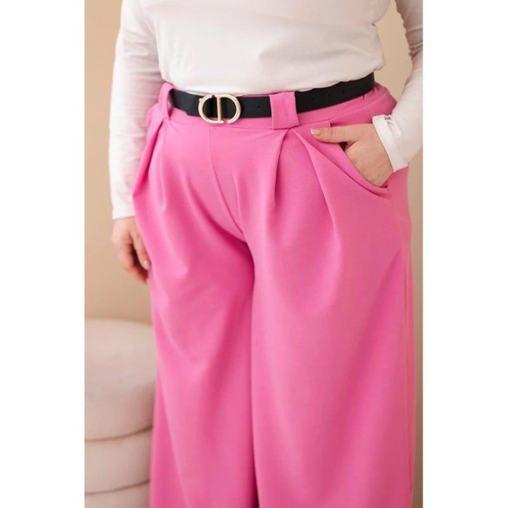 Moteriškos Plus Size viskozinės kelnės plačiomis klešnėmis su diržu, rožinės spalvos