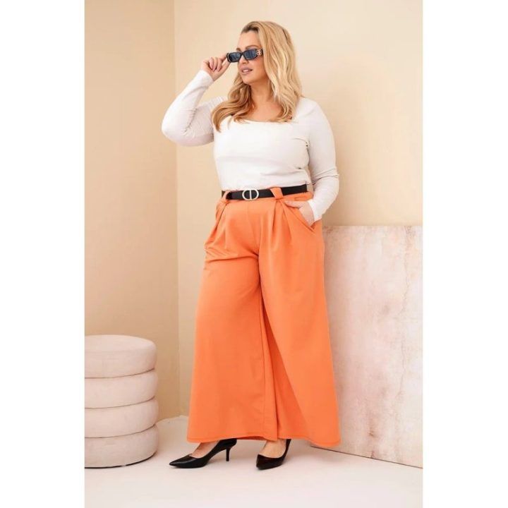 Moteriškos Plus Size kelnės su plačiomis klešnėmis ir diržu, persikų spalvos