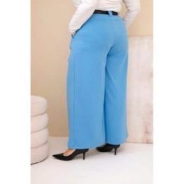 Moteriškos Plus Size viskozinės kelnės plačiomis klešnėmis ir diržu, mėlynos spalvos