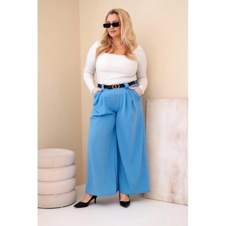 Moteriškos Plus Size viskozinės kelnės plačiomis klešnėmis ir diržu, mėlynos spalvos