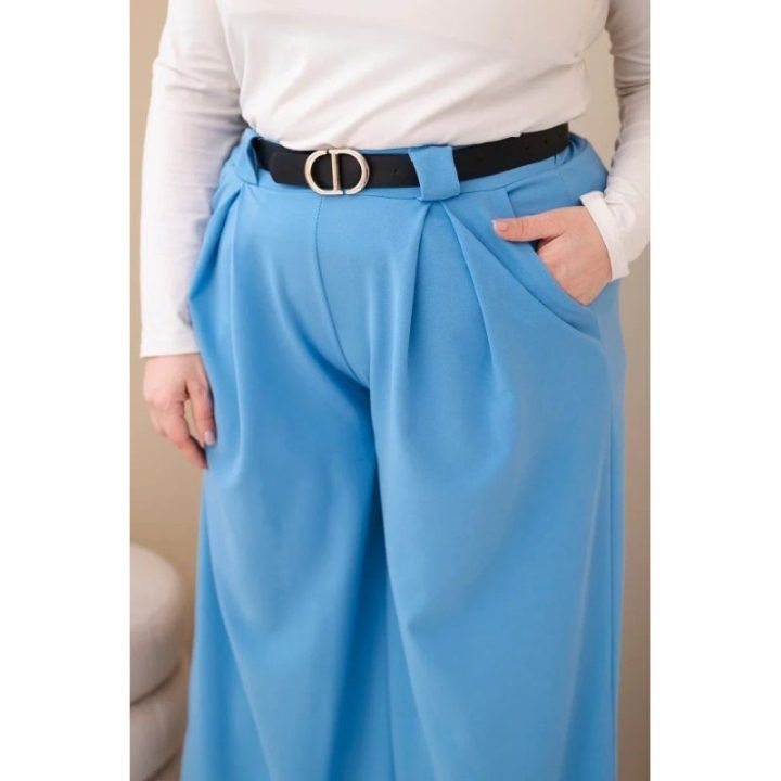 Moteriškos Plus Size viskozinės kelnės plačiomis klešnėmis ir diržu, mėlynos spalvos