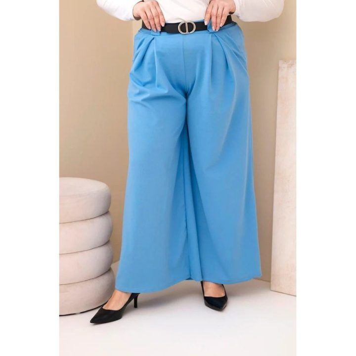 Moteriškos Plus Size viskozinės kelnės plačiomis klešnėmis ir diržu, mėlynos spalvos