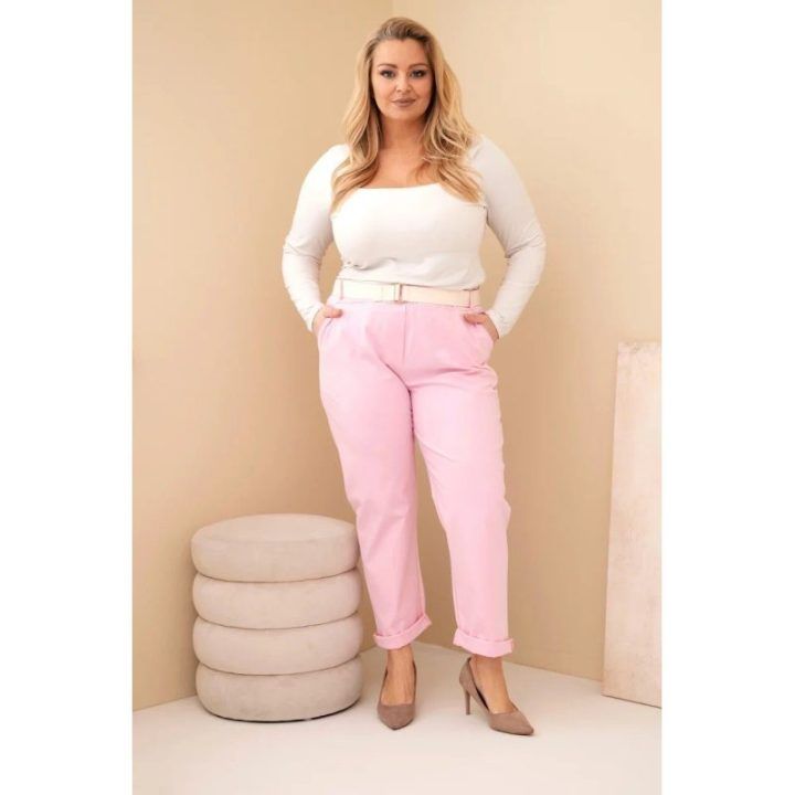 Moteriškos Plus Size kelnės su diržu, šviesiai rožinės spalvos