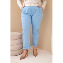 Moteriškos Plus Size medvilninės kelnės su diržu, mėlynos spalvos