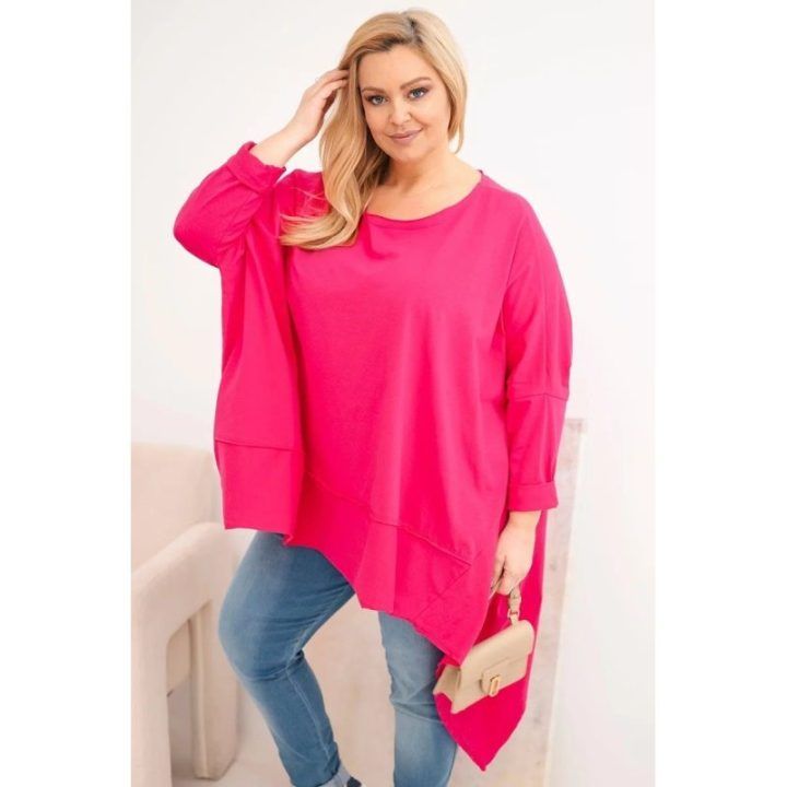 Moteriška Plus Size tunika su asimetriniu apačios kraštu, fuksijos spalvos
