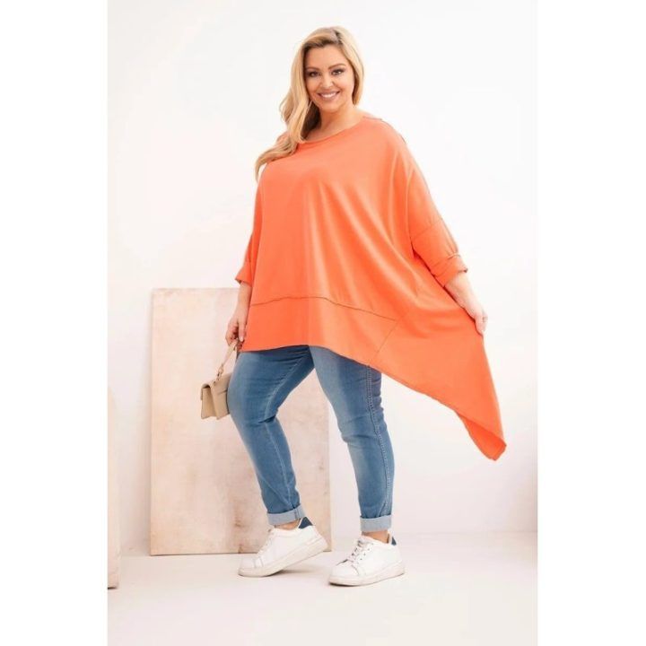 Moteriška Plus Size medvilninė tunika su asimetrišku apačios kirpimu, persikų spalvos