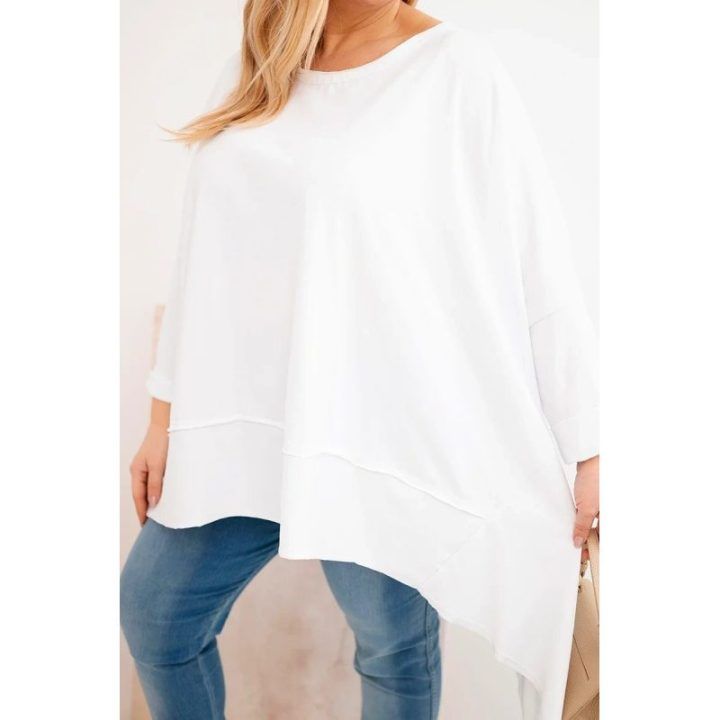 Moteriška Plus Size medvilninė tunika su asimetriniu apačios kirpimu, balta