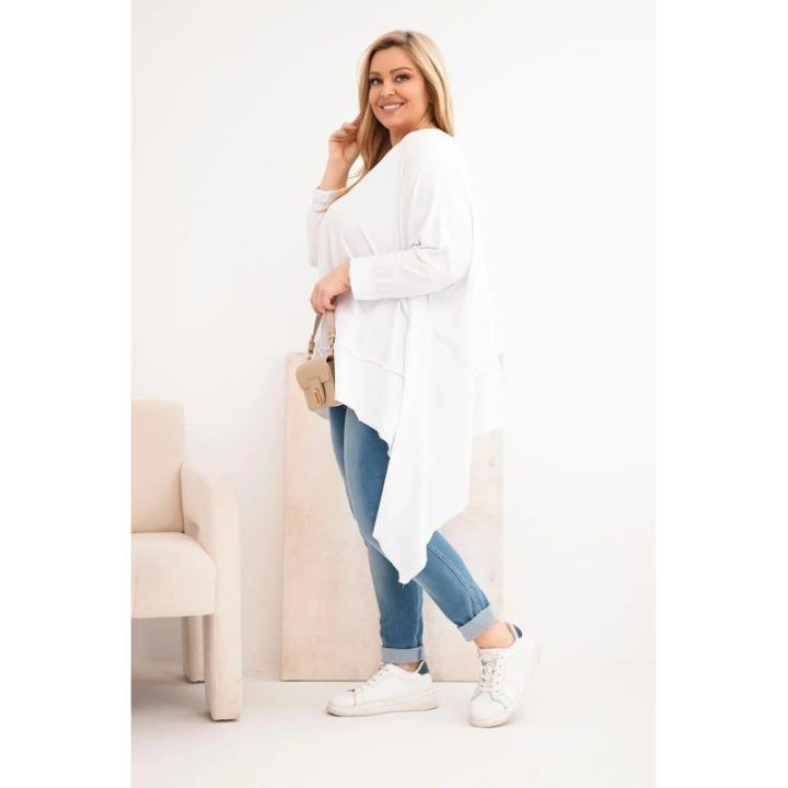 Moteriška Plus Size medvilninė tunika su asimetriniu apačios kirpimu, balta