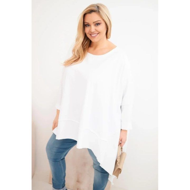Moteriška Plus Size medvilninė tunika su asimetriniu apačios kirpimu, balta