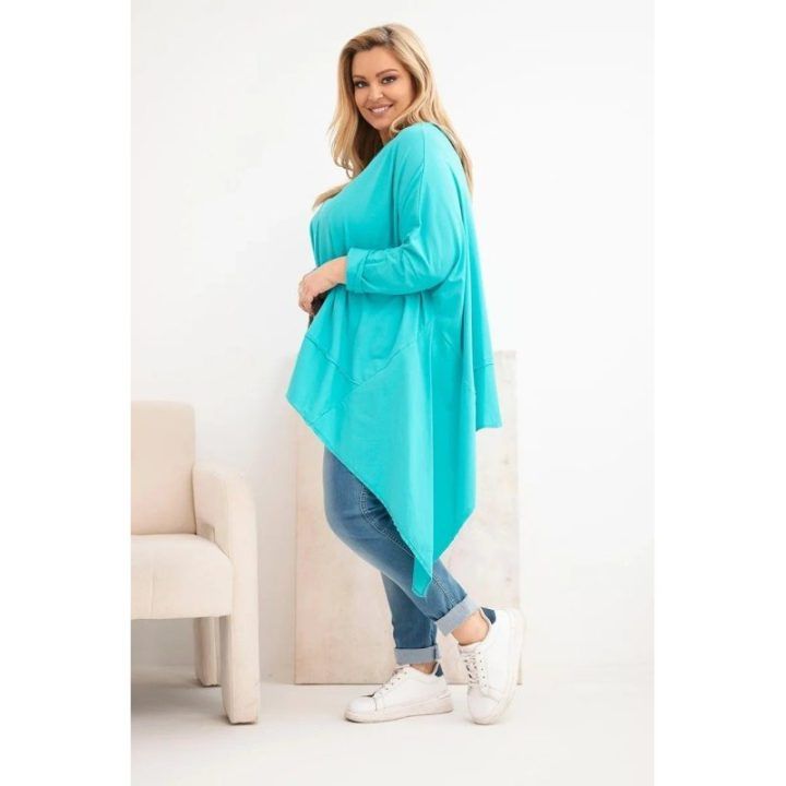 Moteriška Plus Size medvilninė tunika su asimetrine apačia, turkio spalvos