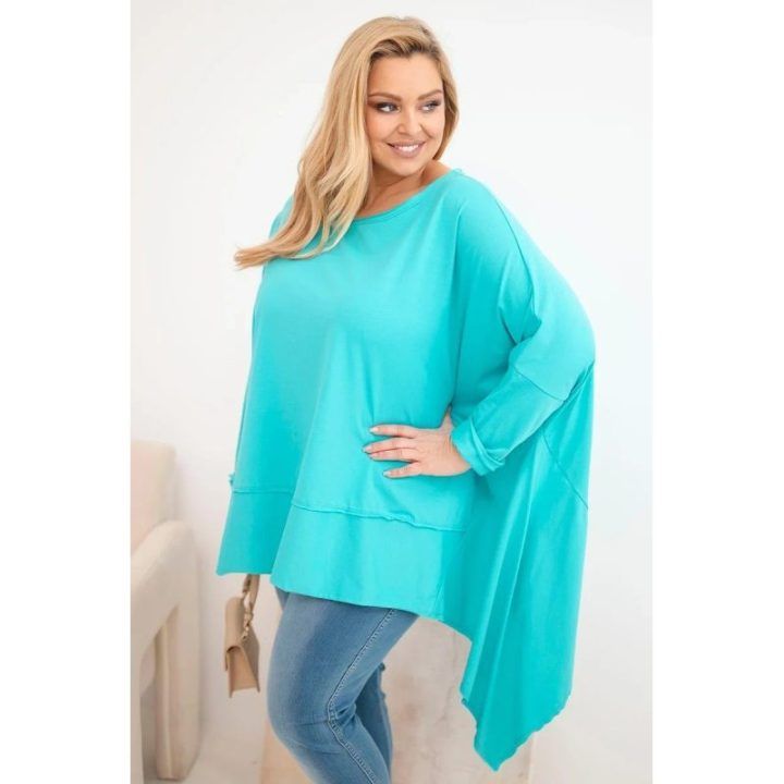 Moteriška Plus Size medvilninė tunika su asimetrine apačia, turkio spalvos