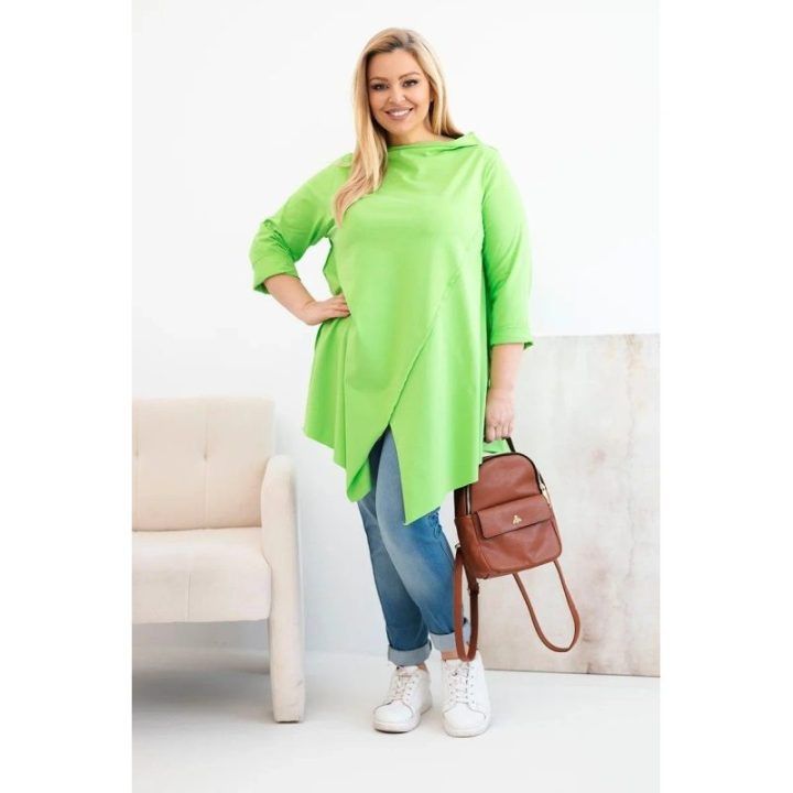 Moteriška Plus Size palaidinė asimetriniu priekiu, šviesiai žalios spalvos