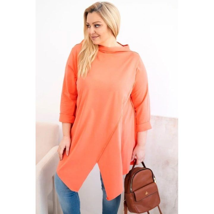 Moteriška Plus Size palaidinė su asimetrišku priekiu, persikinės spalvos