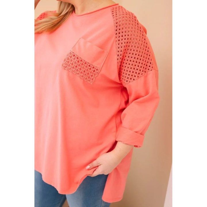 Moteriškas Plus Size medvilninis džemperis su raštu, persikų spalvos