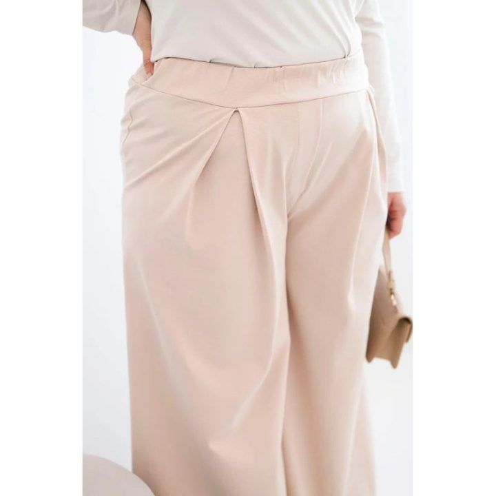 Moteriškos Plus Size plačios kelnės su klostėmis, smėlio spalvos