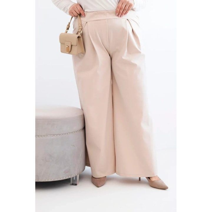 Moteriškos Plus Size plačios kelnės su klostėmis, smėlio spalvos