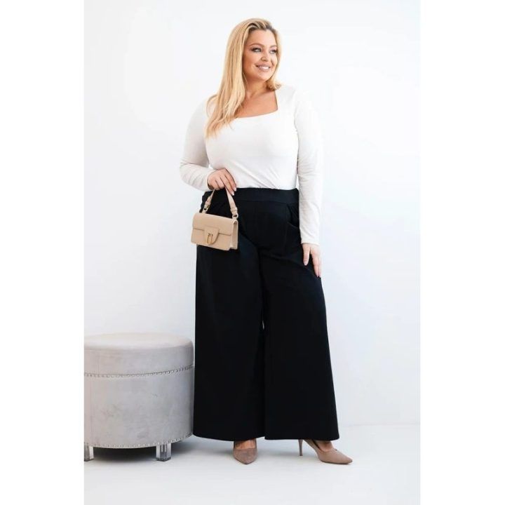Moteriškos Plus Size plačios kelnės su klostėmis, juodos spalvos