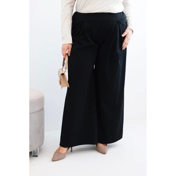 Moteriškos Plus Size plačios kelnės su klostėmis, juodos spalvos