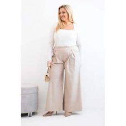 Moteriškos Plus Size kelnės plačiomis klešnėmis ir klostėmis, tamsiai smėlio spalvos