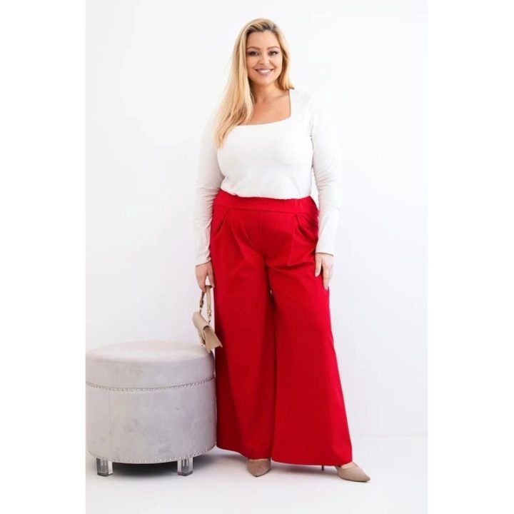 Moteriškos Plus Size plačios kelnės su klostėmis, raudonos spalvos
