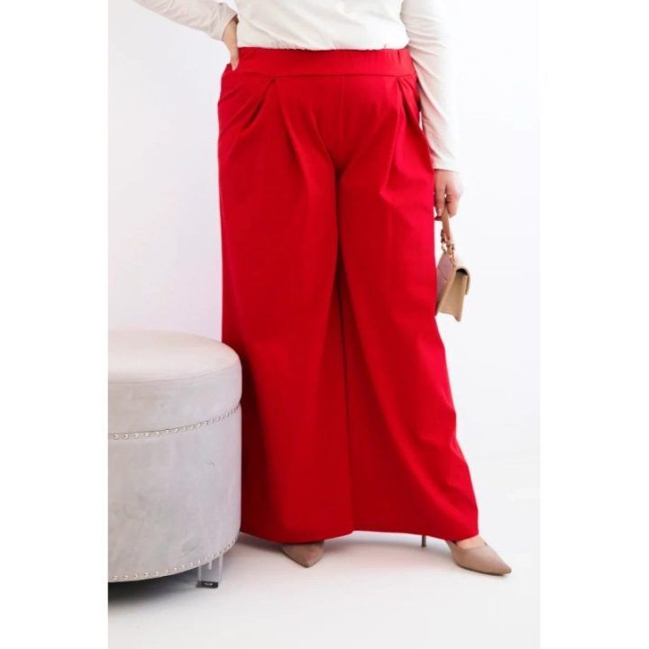 Moteriškos Plus Size plačios kelnės su klostėmis, raudonos spalvos