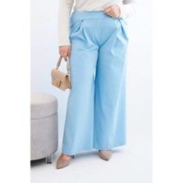 Moteriškos Plus Size plačios kelnės su klostėmis, mėlynos spalvos