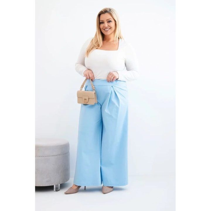 Moteriškos Plus Size plačios kelnės su klostėmis, mėlynos spalvos