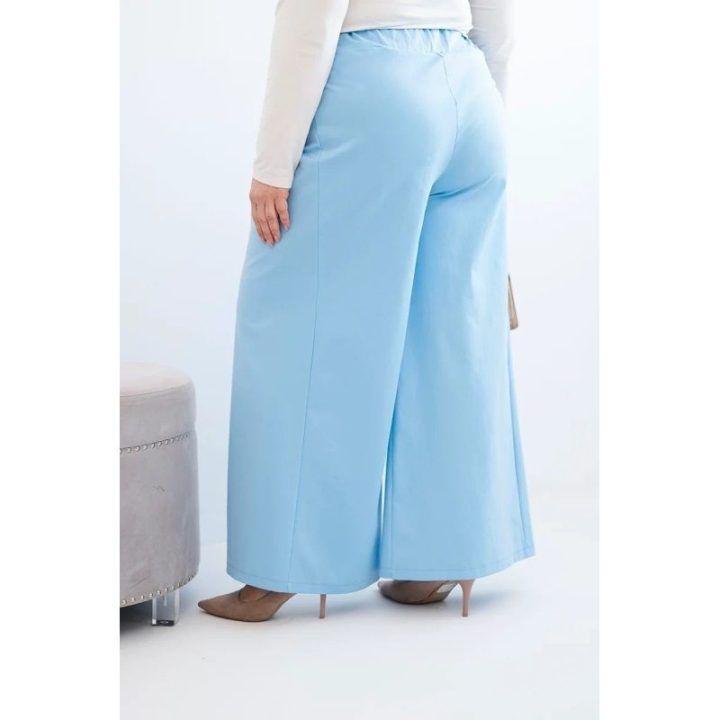 Moteriškos Plus Size plačios kelnės su klostėmis, mėlynos spalvos