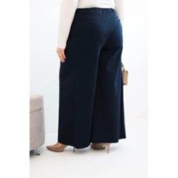 Moteriškos Plus Size kelnės plačiomis klešnėmis ir klostėmis, tamsiai mėlynos spalvos