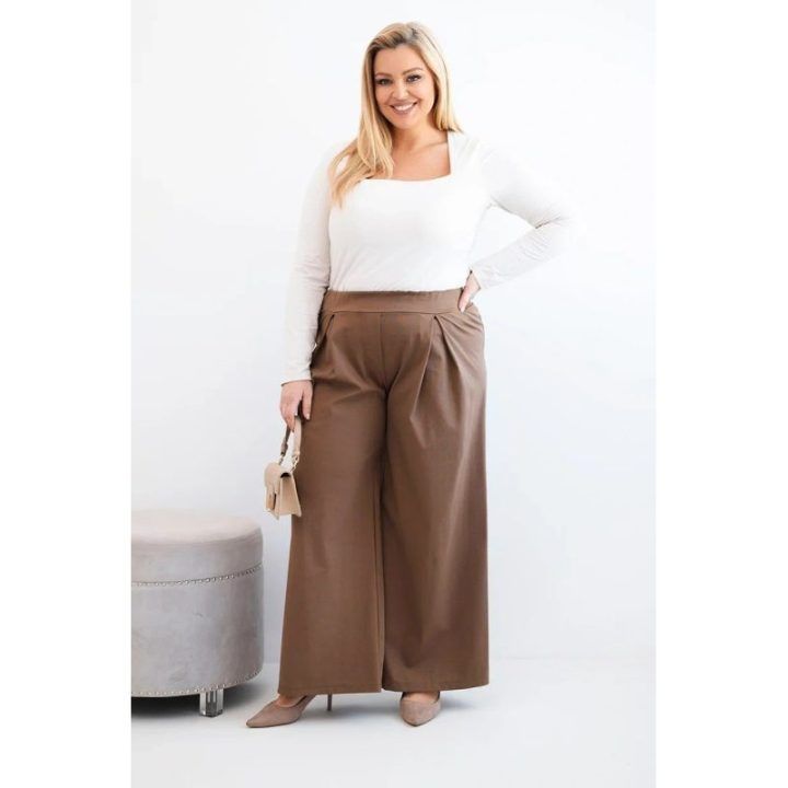Moteriškos Plus Size plačios kelnės su klostėmis, kapučino spalvos