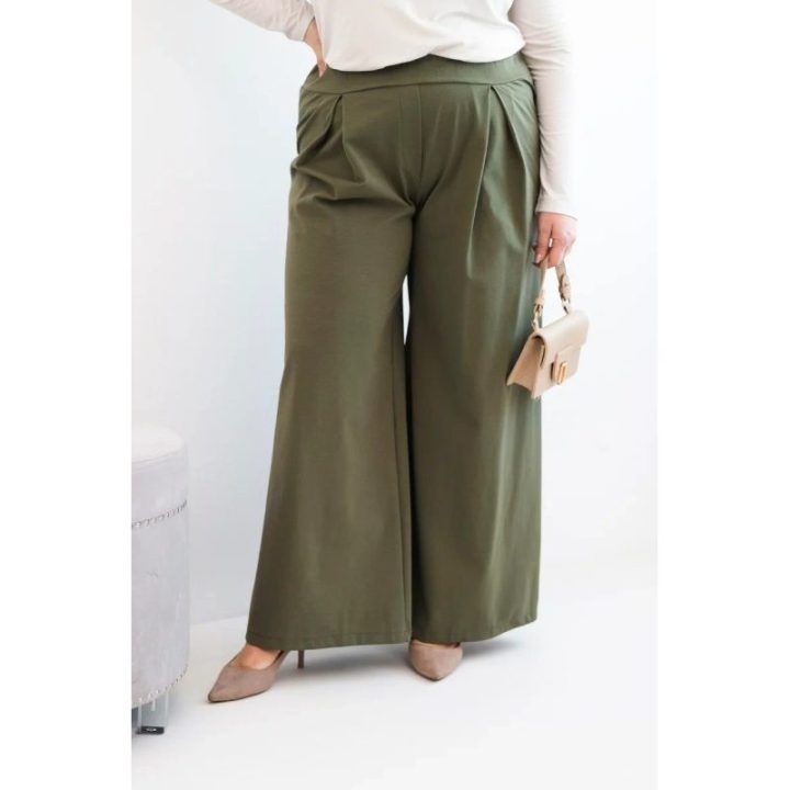 Moteriškos Plus Size plačios kelnės su klostėmis, chaki spalvos