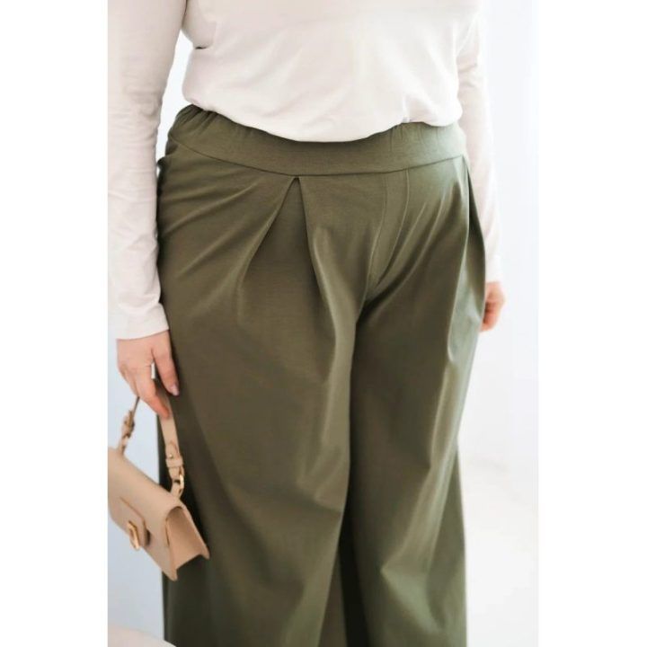Moteriškos Plus Size plačios kelnės su klostėmis, chaki spalvos