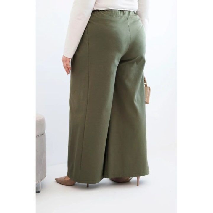 Moteriškos Plus Size plačios kelnės su klostėmis, chaki spalvos