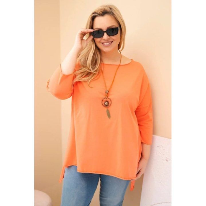 Moteriška Plus Size asimetriška palaidinė su dekoratyvine skarele, persikų spalvos