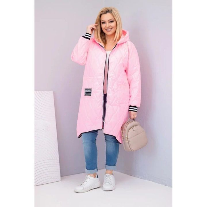 Moteriška Plus Size dygsniuota striukė su gobtuvu, rožinės spalvos