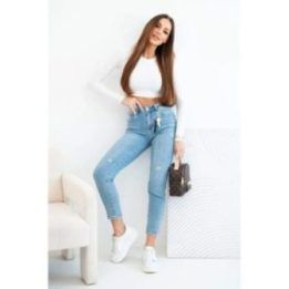 Moteriški mom fit aukšto liemens džinsai su subtiliais nutrinimais, mėlyni