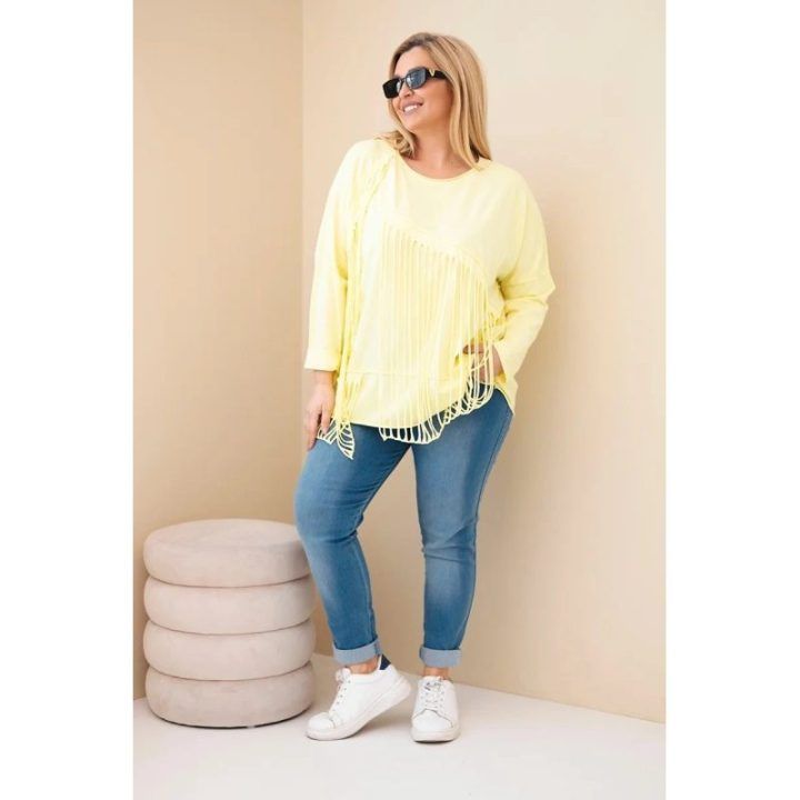 Moteriška Plus Size medvilninė palaidinė su kutais, geltonos spalvos