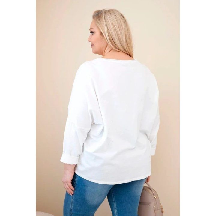 Moteriška Plus Size medvilninė palaidinė su V formos iškirpte, balta