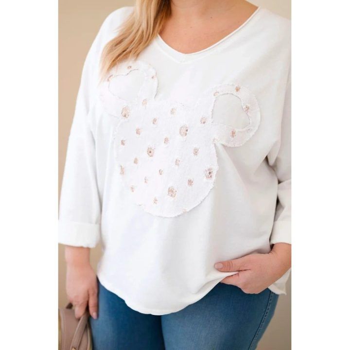 Moteriška Plus Size medvilninė palaidinė su V formos iškirpte, balta