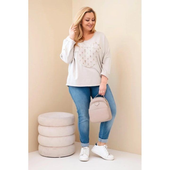 Moteriška Plus Size smėlio spalvos palaidinė V formos iškirpte