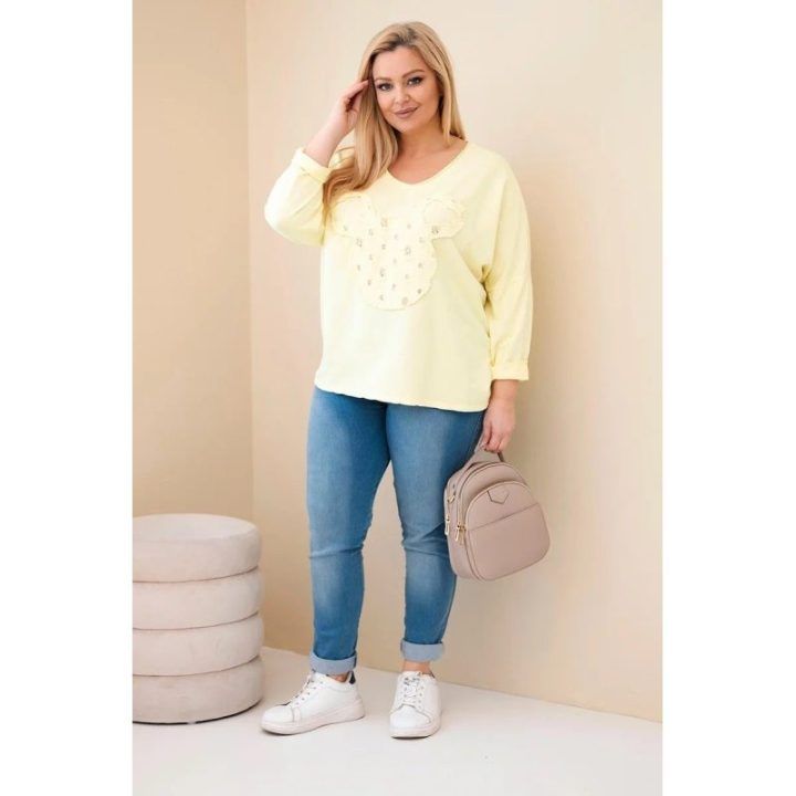 Moteriška Plus Size palaidinė su V formos iškirpte, geltonos spalvos